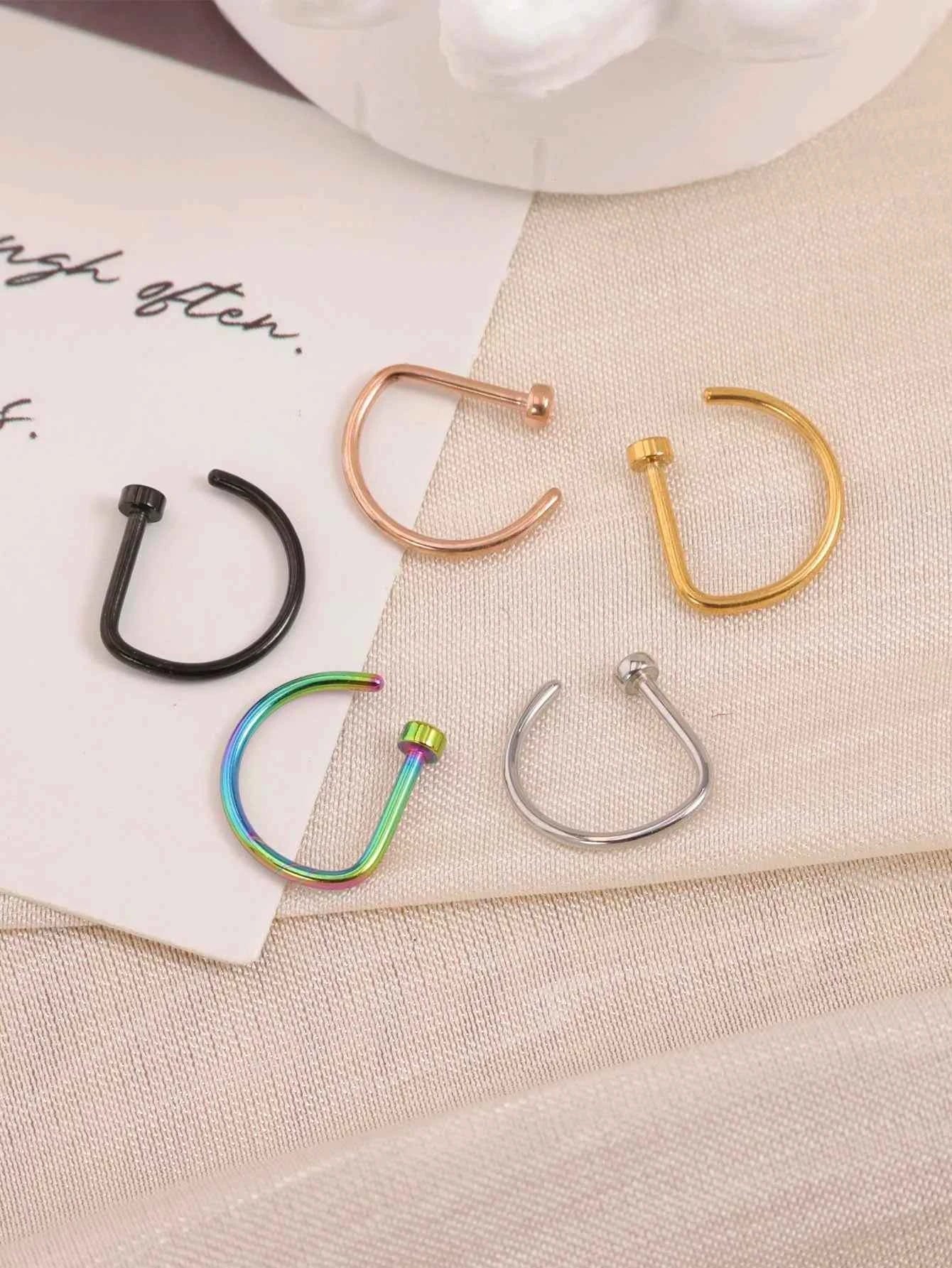 New Curved Barbells Fake Nose Piercing D Shaped Tragus Helix Stud Earring Hoop Septum Stainless Steel Ring Nostril Body Jewelry - Shoppiline