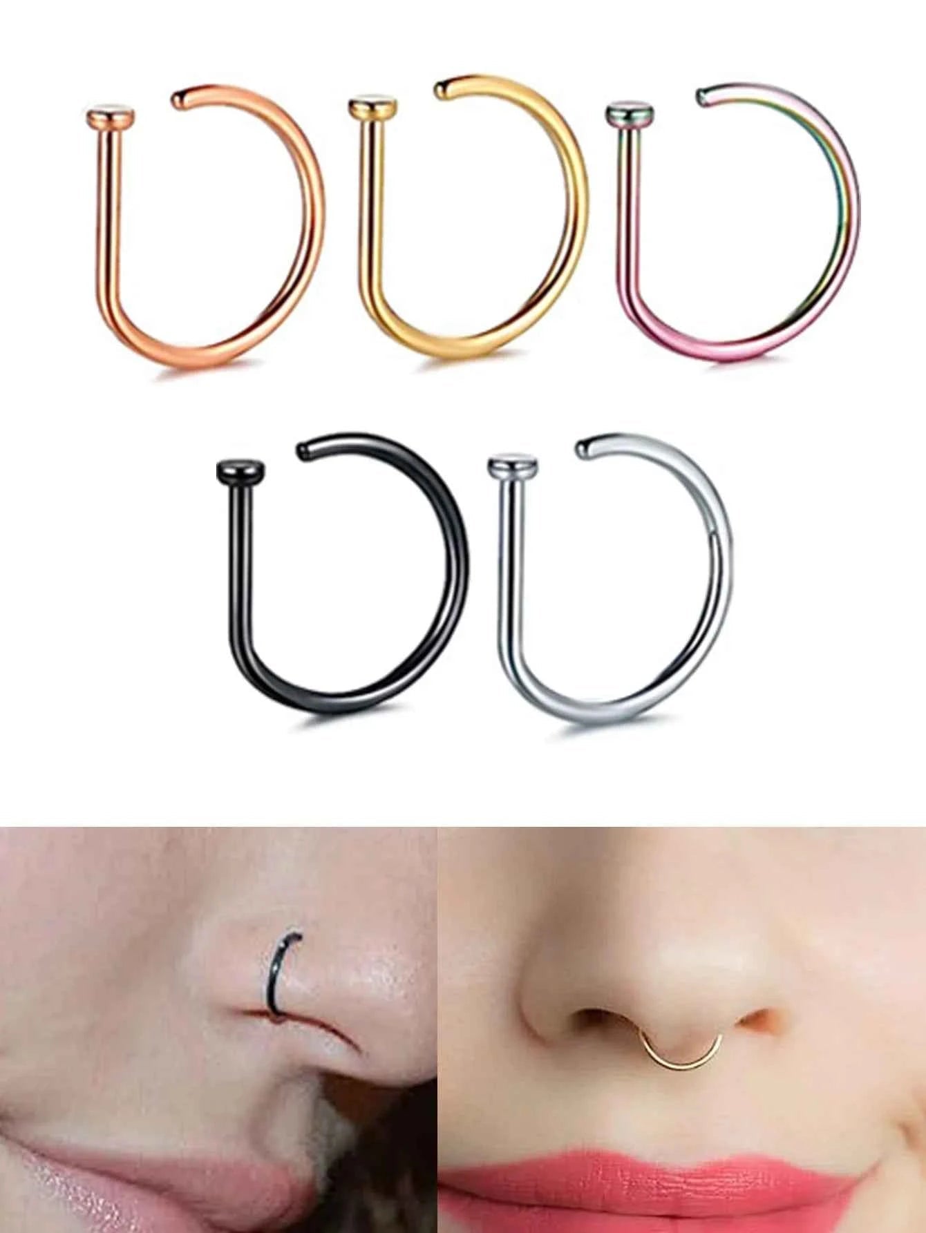 New Curved Barbells Fake Nose Piercing D Shaped Tragus Helix Stud Earring Hoop Septum Stainless Steel Ring Nostril Body Jewelry - Shoppiline