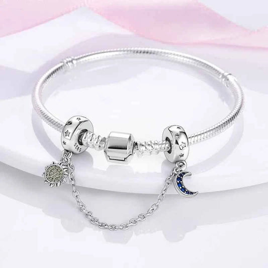 S925 Silver Plated Star Moon Safety Chain Charms Beads Fit Original Bracelet Fine DIY Birthday Jewelry - Shoppiline
