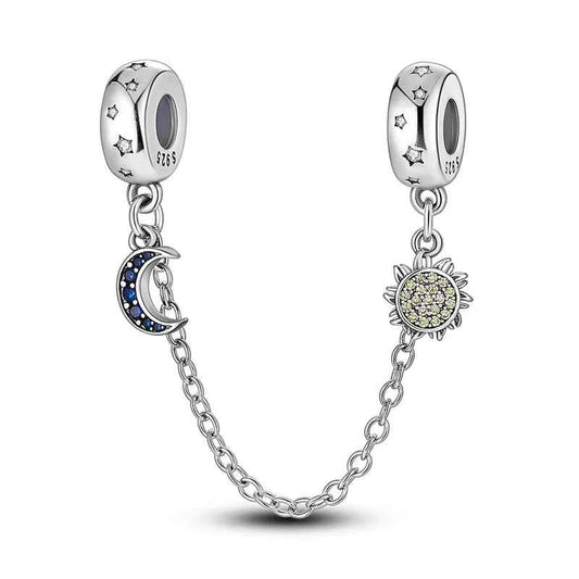 S925 Silver Plated Star Moon Safety Chain Charms Beads Fit Original Bracelet Fine DIY Birthday Jewelry - Shoppiline