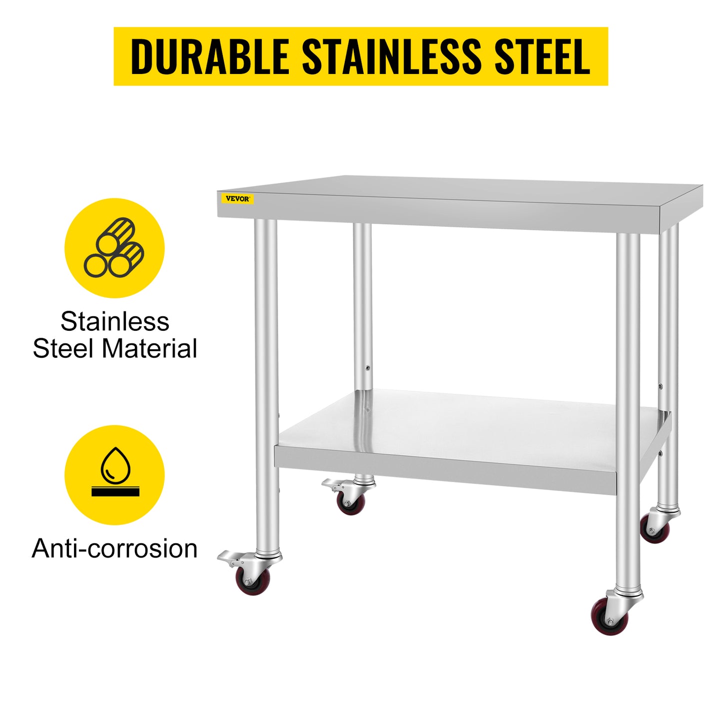 SucceBuy Stainless Steel Kitchen Prep Table With 4 Caster Wheels & Backsplash Loads Up to 100-300KG for Home Storage Rack Dining