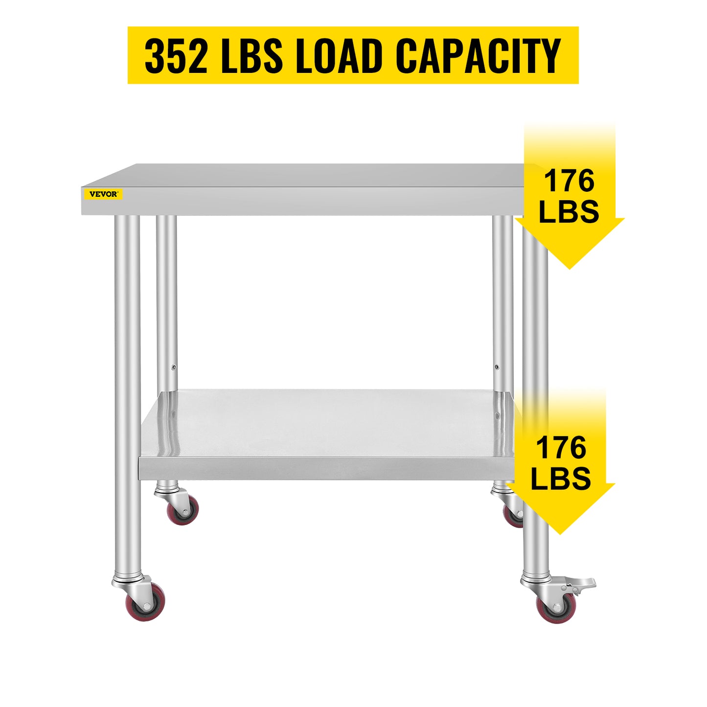 SucceBuy Stainless Steel Kitchen Prep Table With 4 Caster Wheels & Backsplash Loads Up to 100-300KG for Home Storage Rack Dining