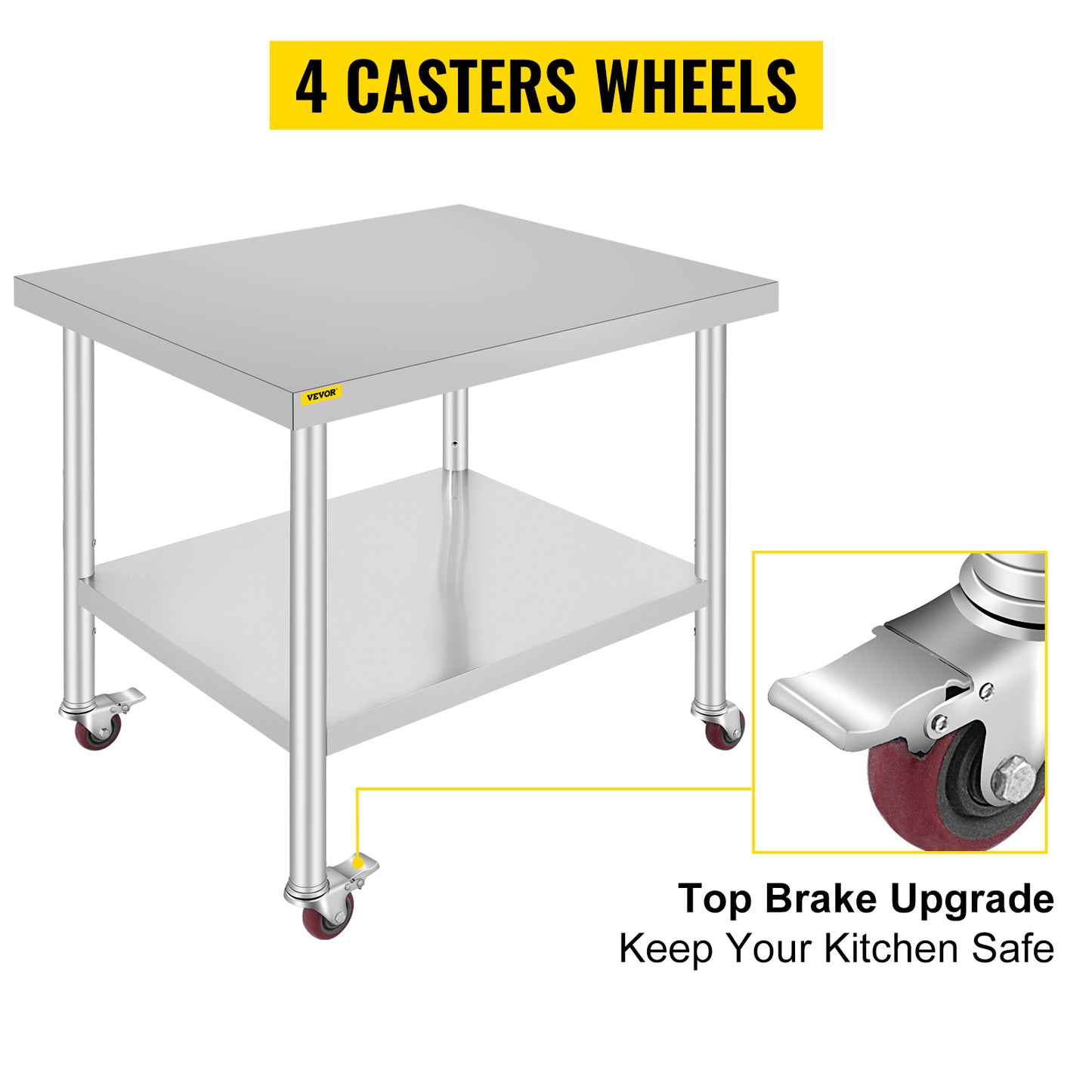 SucceBuy Stainless Steel Kitchen Prep Table With 4 Caster Wheels & Backsplash Loads Up to 100-300KG for Home Storage Rack Dining