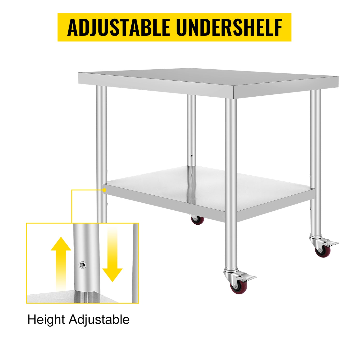 SucceBuy Stainless Steel Kitchen Prep Table With 4 Caster Wheels & Backsplash Loads Up to 100-300KG for Home Storage Rack Dining