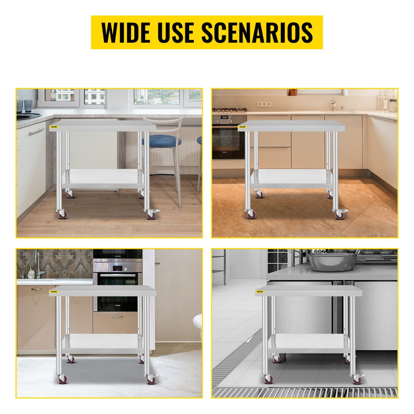SucceBuy Stainless Steel Kitchen Prep Table With 4 Caster Wheels & Backsplash Loads Up to 100-300KG for Home Storage Rack Dining