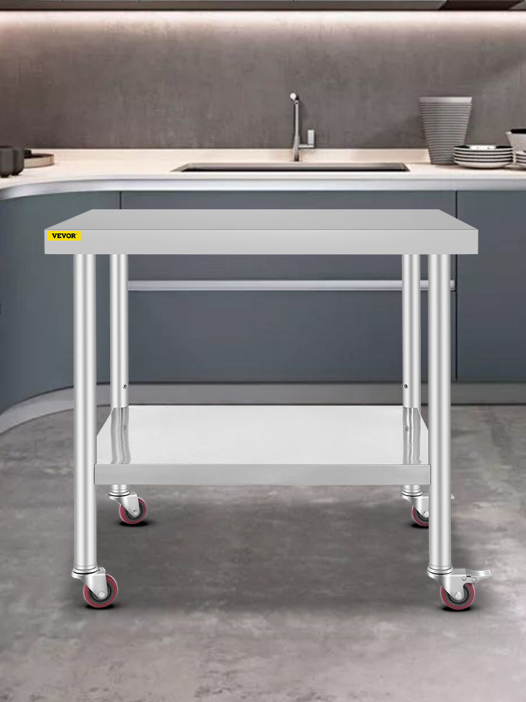 SucceBuy Stainless Steel Kitchen Prep Table With 4 Caster Wheels & Backsplash Loads Up to 100-300KG for Home Storage Rack Dining