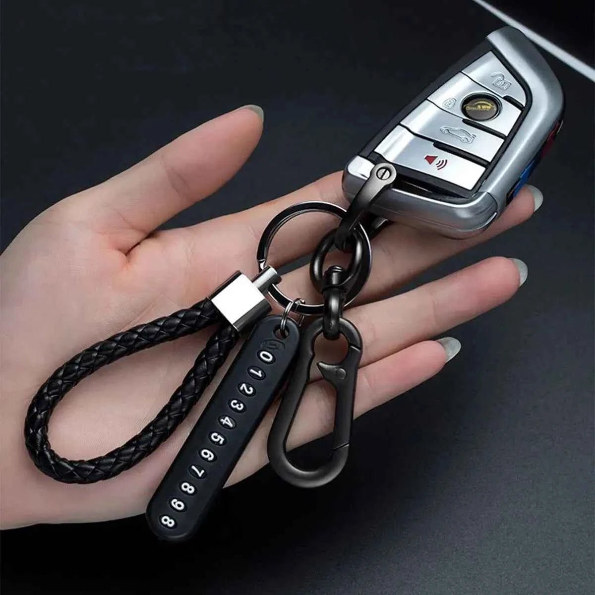 Trendy DIY Mobile Phone Number Plate Pendant Keychain for Men Punk Simple Woven Leather Rope Anti - lost Car Key Chain Accessories - Shoppiline