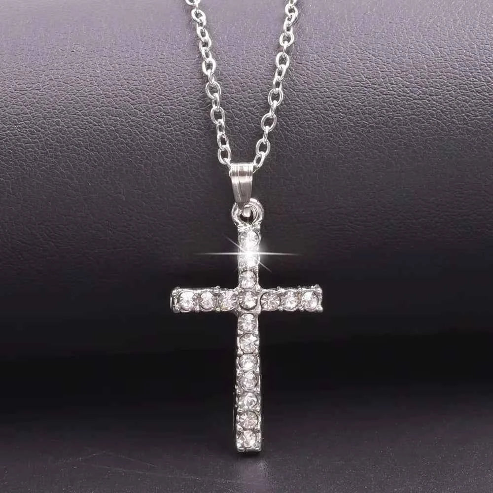 Women Necklace Jewelry Chain Fashion Cross With Rhinestone Pendant Necklace Stainless Steel Choke Ring Women Accessories New - Shoppiline